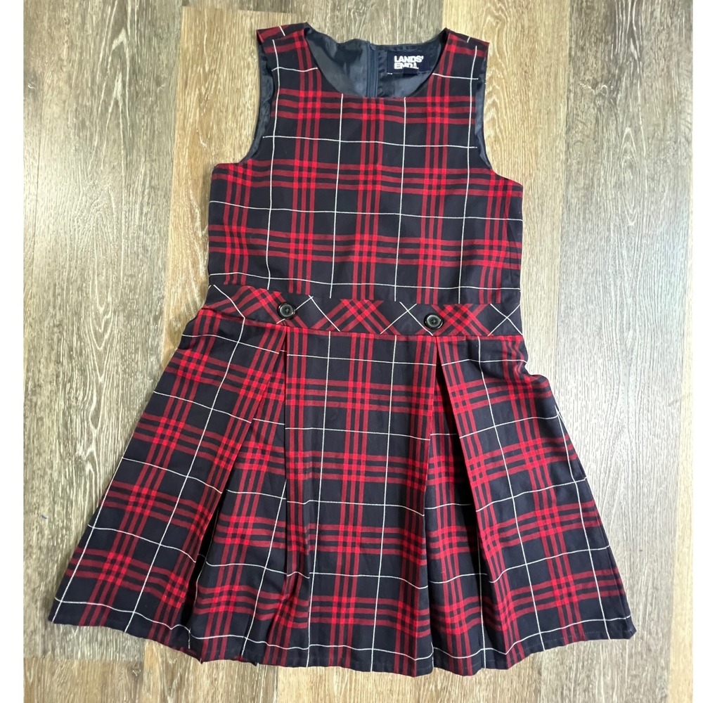 Lands End Plaid Jumper Dress Girls 14 Red Navy Blue Pleated School Uniform